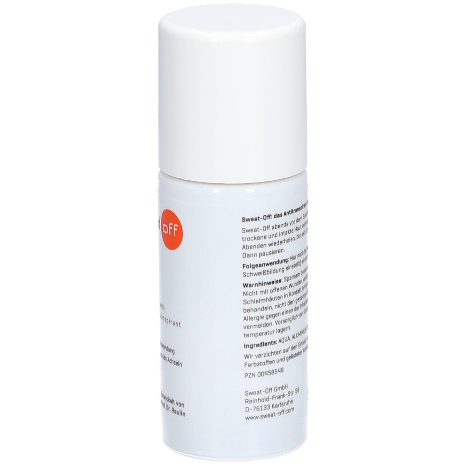 Flacon pulvérisateur blanc avec bouchon blanc. Cercle orange avec inscription blanche 'off'. Texte en allemand.