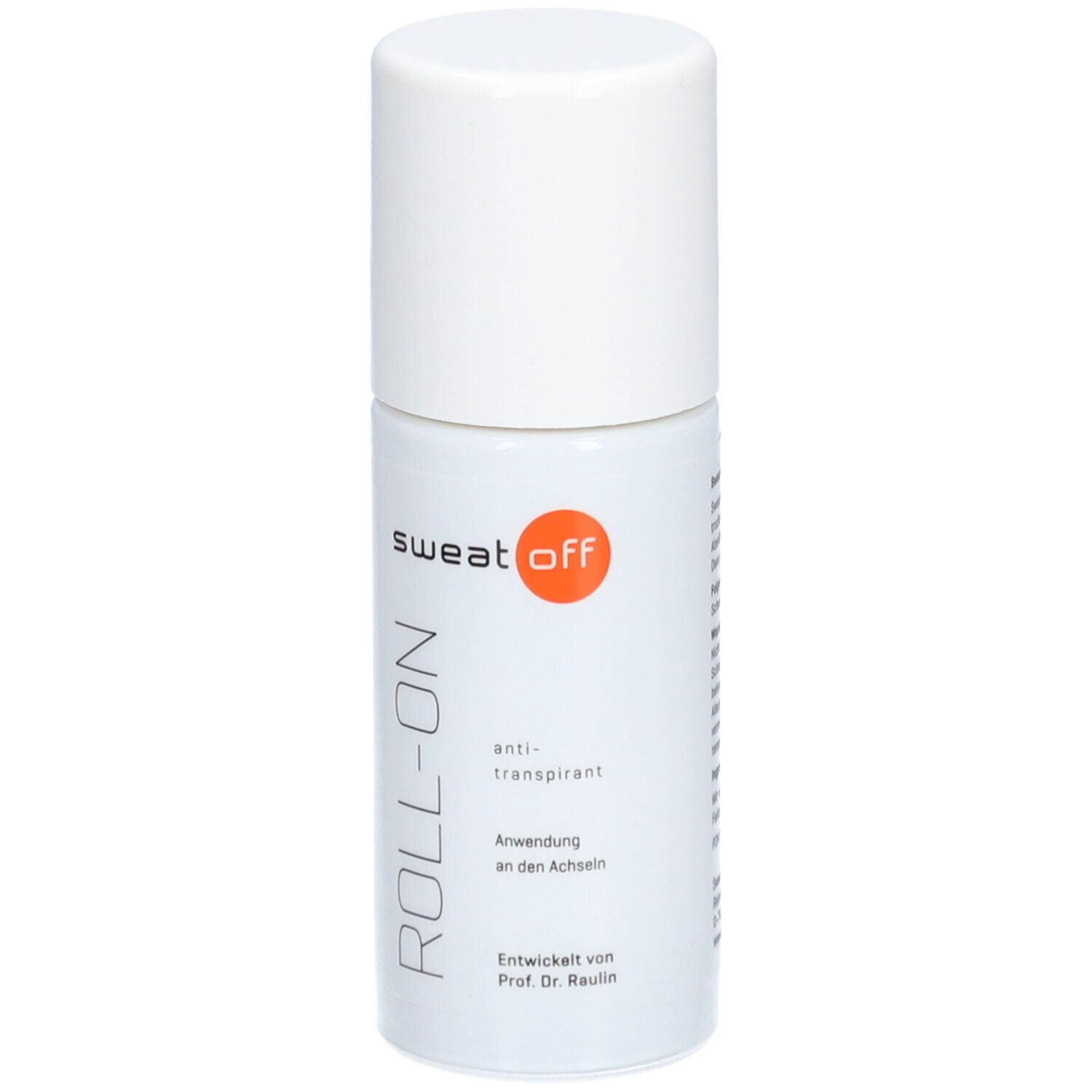 Flacon déodorant roll-on blanc avec capuchon blanc. Texte : 'sweat off', 'ROLL-ON', 'anti-transpirant'.