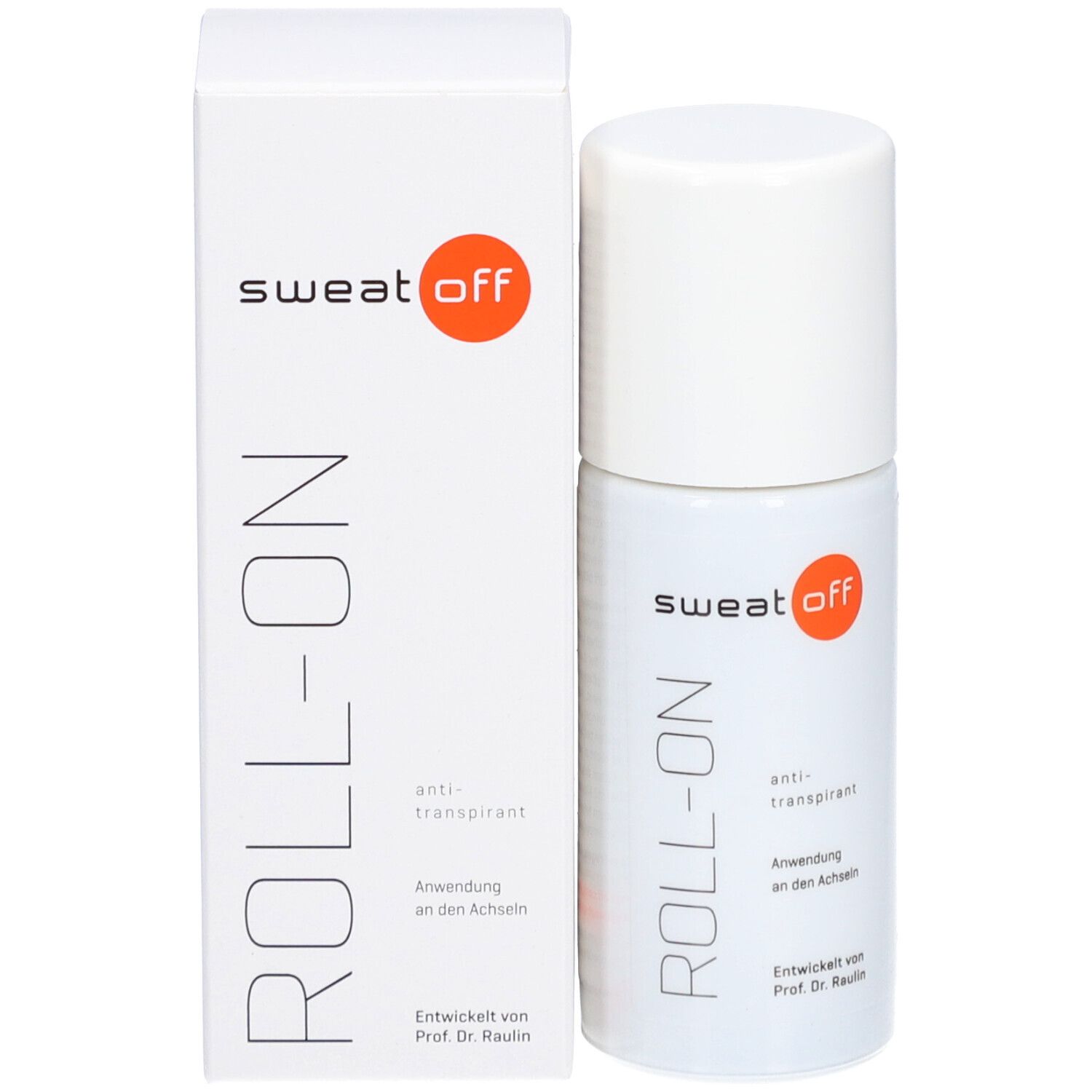 Déodorant anti-transpirant Sweat-Off Roll-On en emballage et flacon blancs. Inscriptions : 'sweat off', 'ROLL-ON', 'anti-transpirant'.
