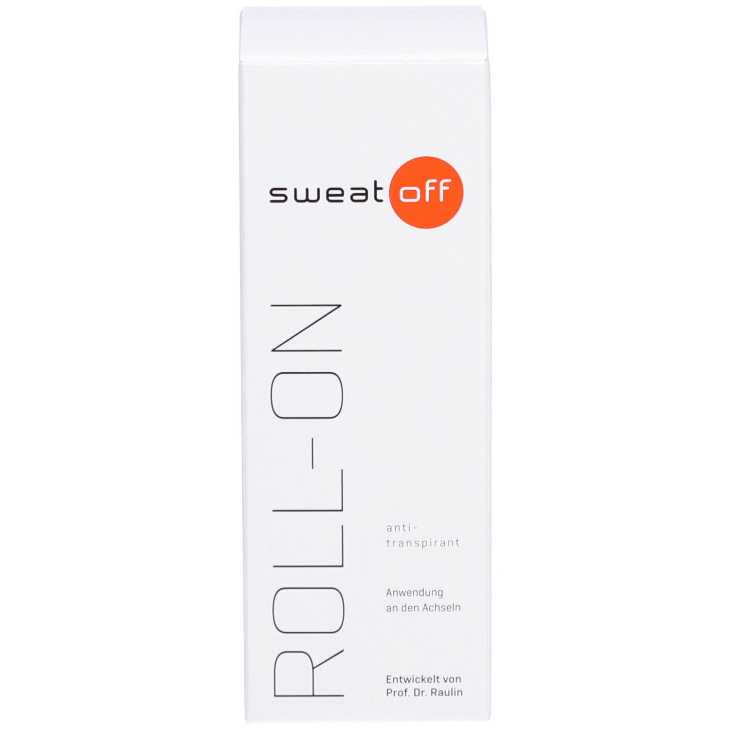 Emballage blanc avec inscriptions "sweat off" et "ROLL-ON". Mentionne "anti-transpirant" et "Application sous les aisselles".