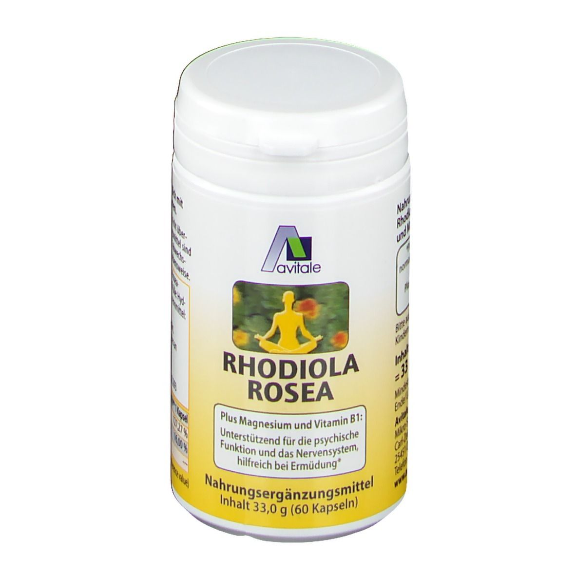 Boîte blanche avec couvercle. Étiquette avec logo, nom du produit Rhodiola Rosea et texte. Complément alimentaire.