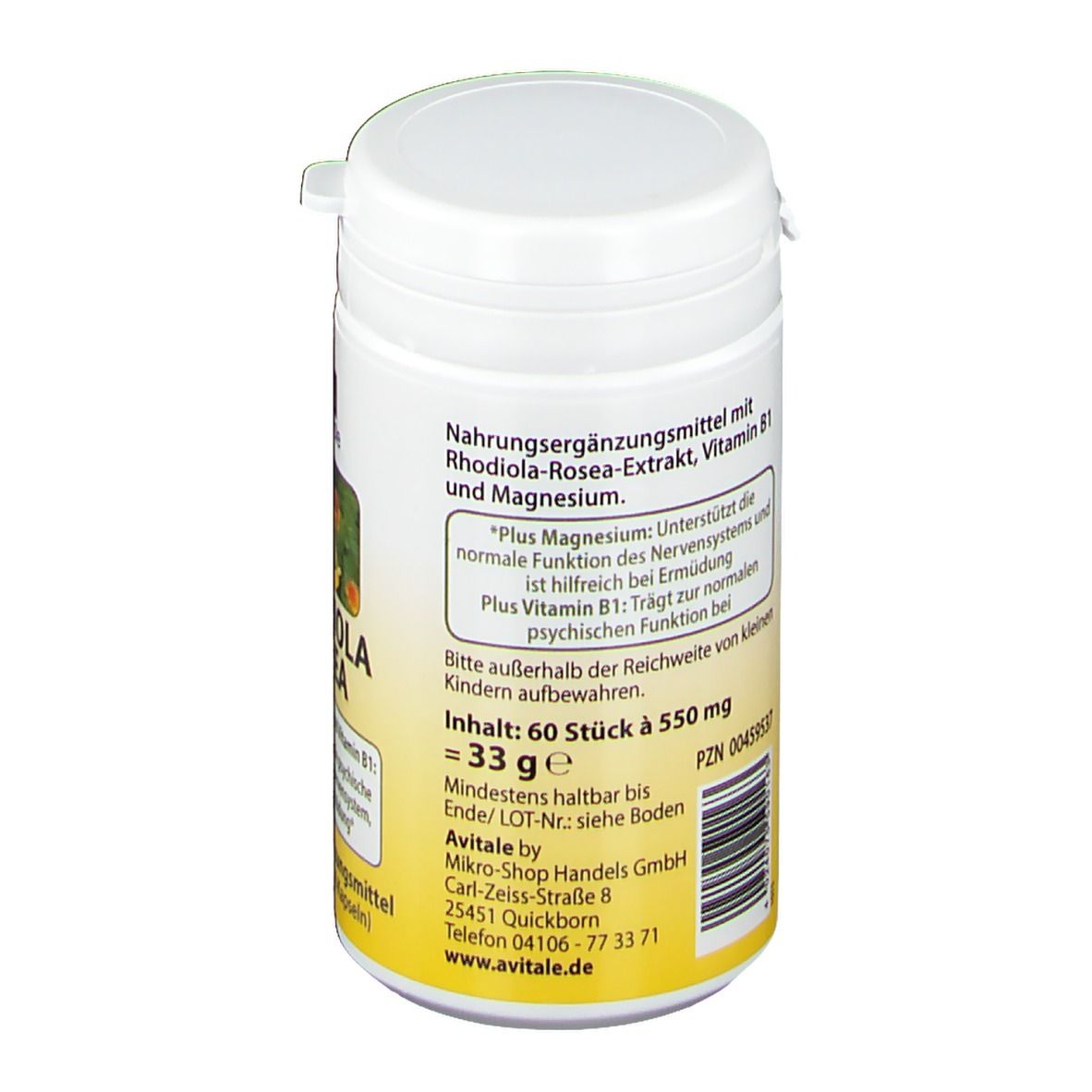 Boîte blanche avec couvercle. Dos avec texte. Complément alimentaire avec extrait de Rhodiola Rosea, vitamine B1 et magnésium.