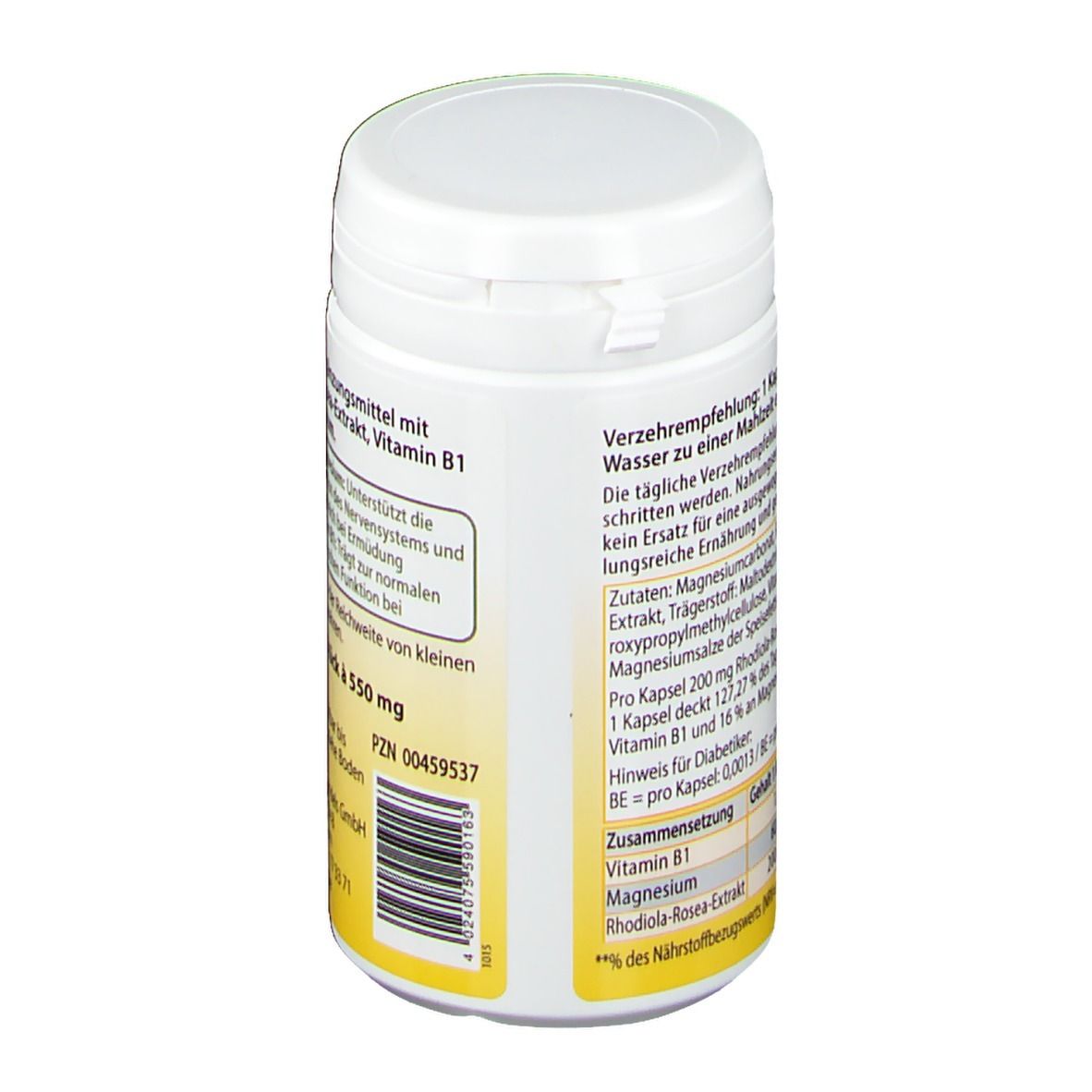 Boîte blanche avec couvercle. Dos avec texte. Complément alimentaire avec extrait de Rhodiola Rosea, vitamine B1 et magnésium.