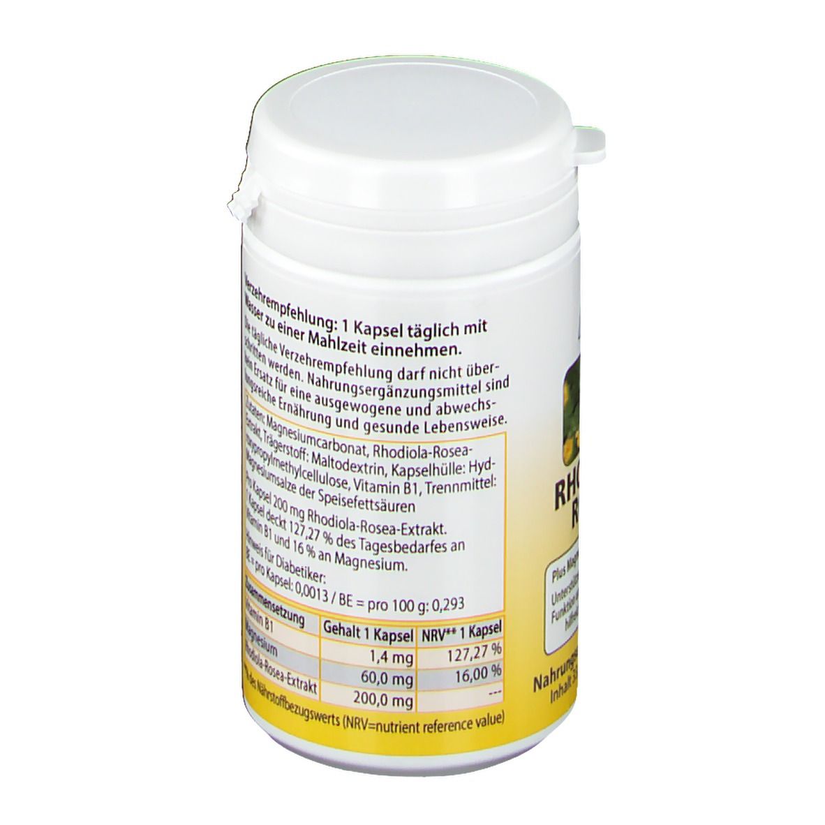 Boîte blanche avec couvercle. Dos avec texte. Complément alimentaire avec extrait de Rhodiola Rosea, vitamine B1 et magnésium.