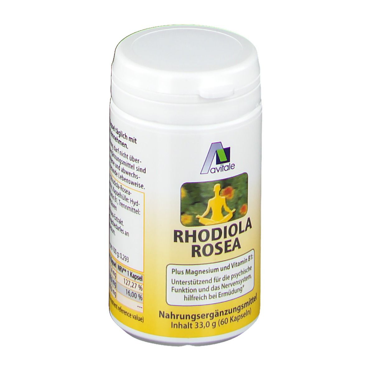 Boîte blanche avec couvercle. Étiquette avec logo, nom du produit Rhodiola Rosea et texte. Complément alimentaire.
