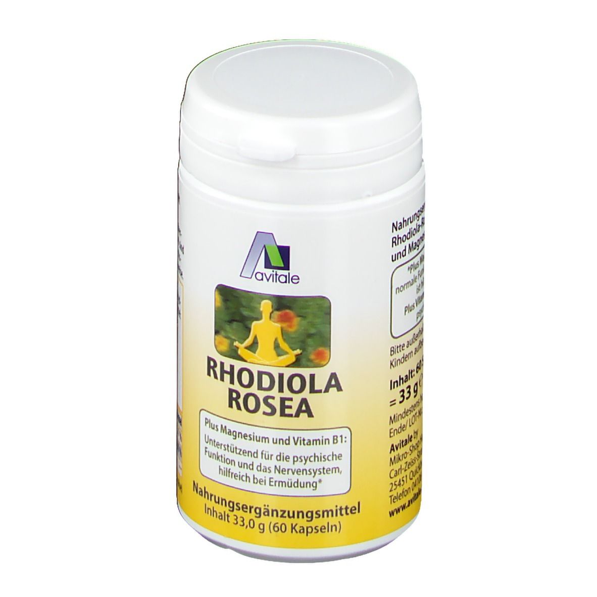 Boîte blanche avec couvercle. Étiquette avec logo, nom du produit Rhodiola Rosea et texte. Complément alimentaire.