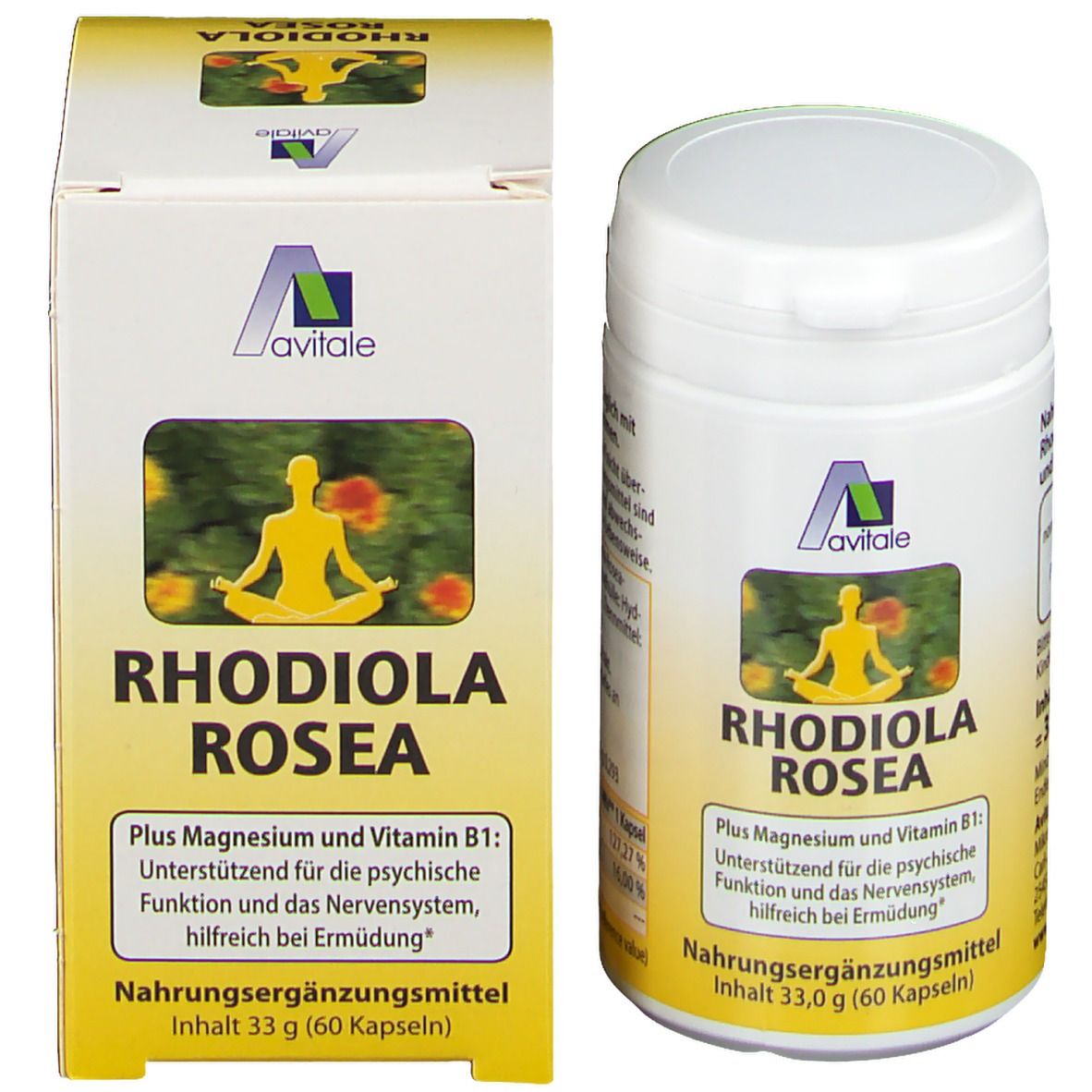 Emballage et boîte du produit. Boîte avec logo, nom du produit Rhodiola Rosea et texte. Complément alimentaire.
