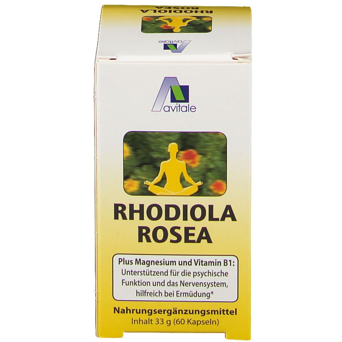 Emballage du produit. Impression avec logo, nom du produit Rhodiola Rosea et texte. Complément alimentaire.