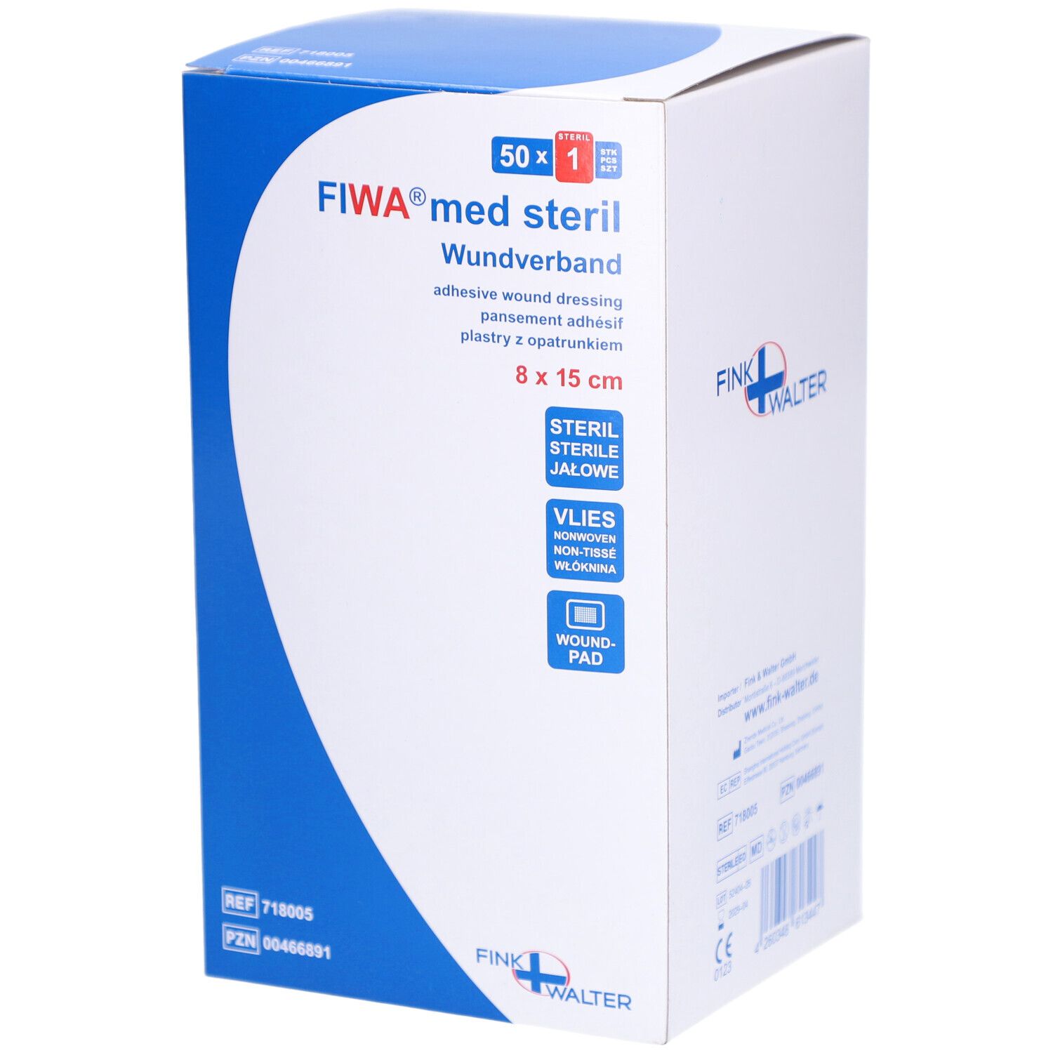 Verpakking FIWA® med steril Wundverband. Afmeting 8 x 15 cm. Opschriften: steriel, vlies, wondkussen. Merk: Fink+Walter.