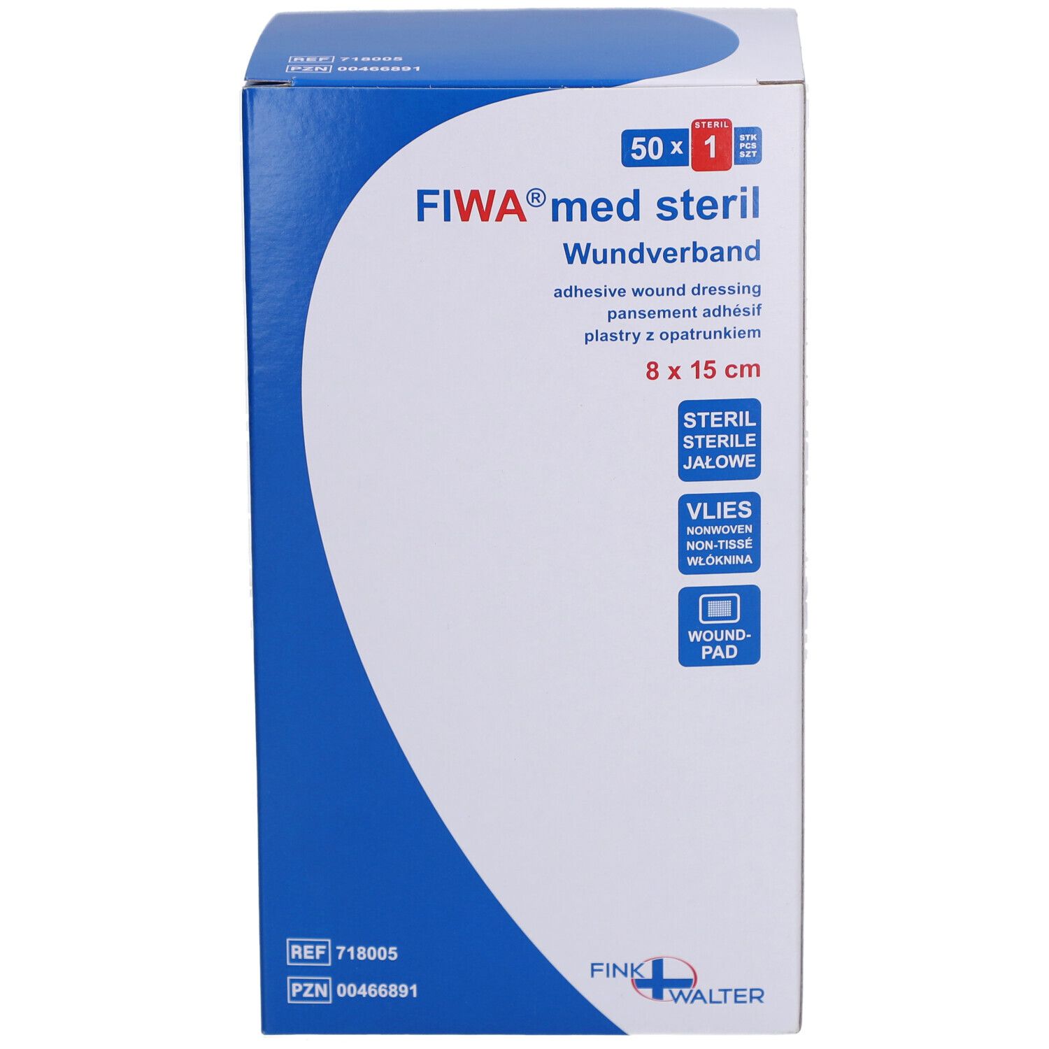 Verpakking FIWA® med steril Wundverband. Afmeting 8 x 15 cm. Opschriften: steriel, vlies, wondkussen. Merk: Fink+Walter.