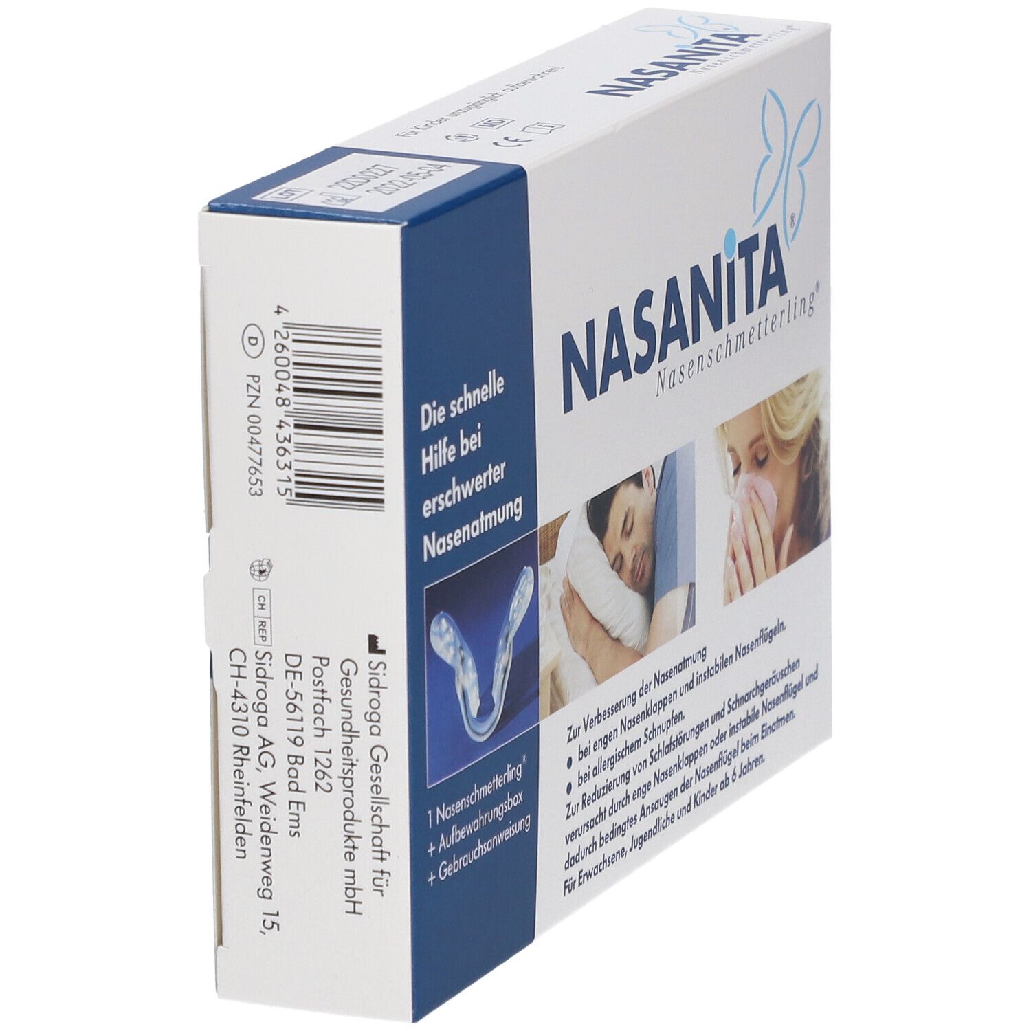 Emballage du Nasanita Nasenschmetterling® avec code-barres et informations fabricant. Montre le clip nasal et des exemples d'utilisation.