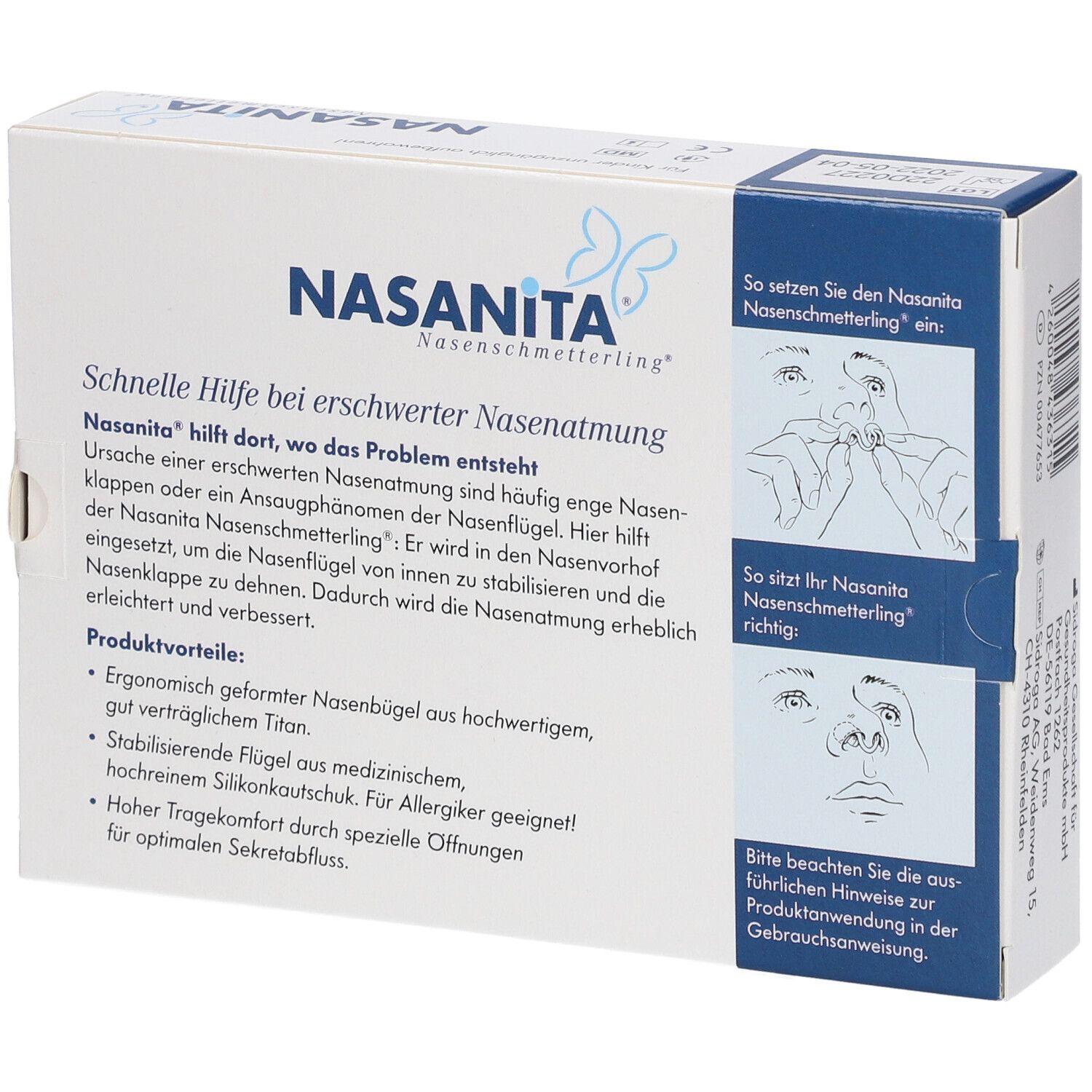 Arrière de l'emballage Nasanita Nasenschmetterling® avec avantages produit et instructions d'application.