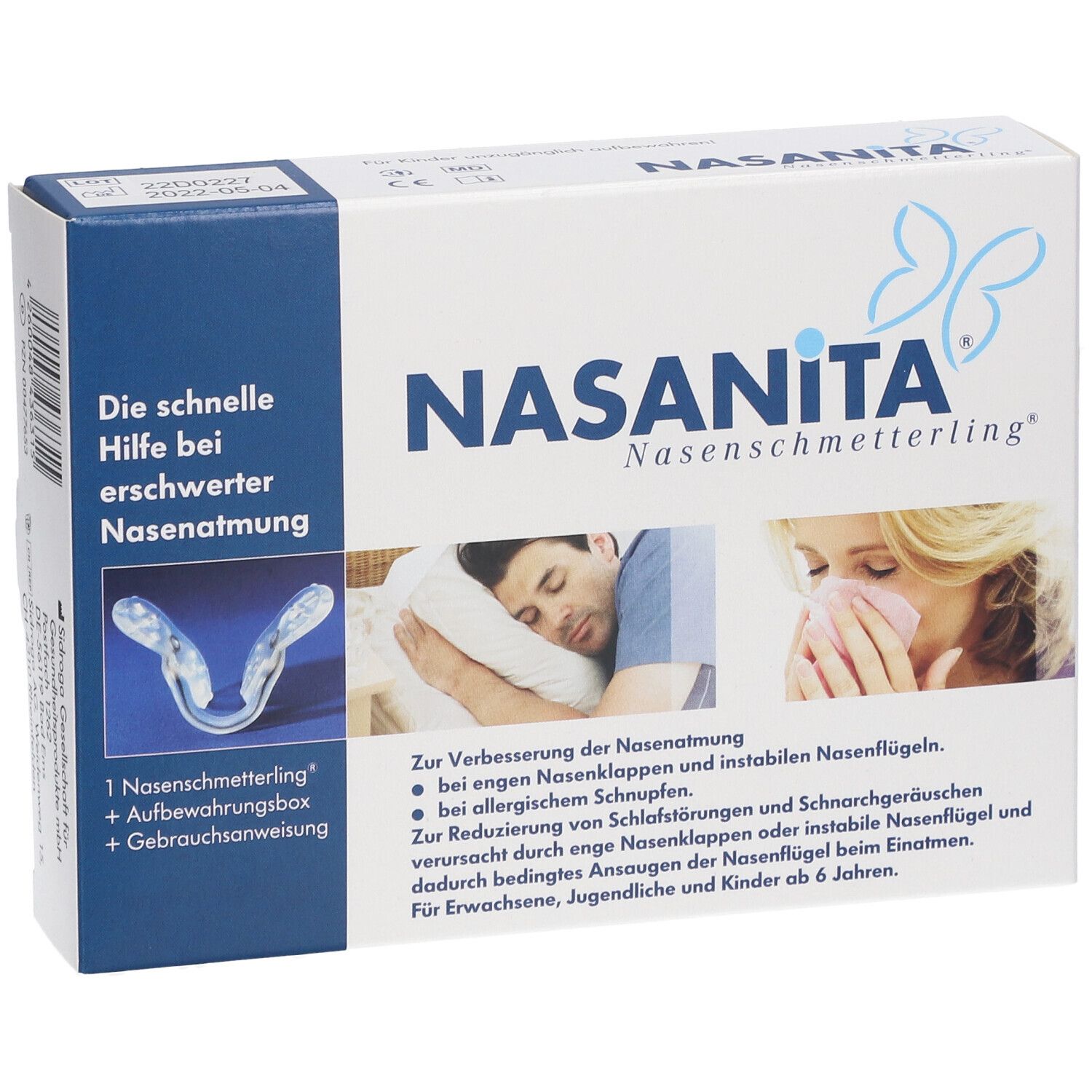 Nasanita Nasenschmetterling® : Clip nasal en titane et silicone pour améliorer la respiration nasale. Boîte de rangement incluse.