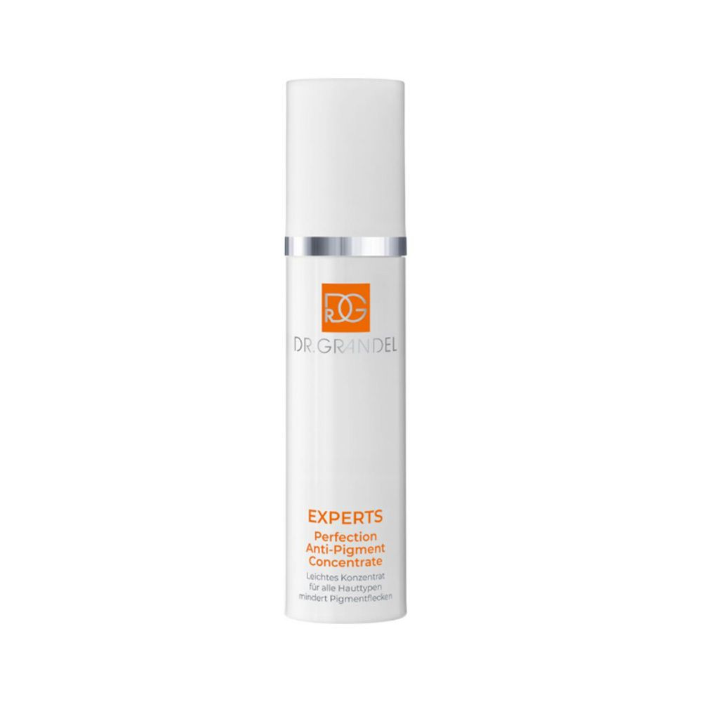 Flacon blanc avec bouchon blanc. Logo orange et texte: PERFECTION AP Anti-Pigment. Concentré contre l'hyperpigmentation.