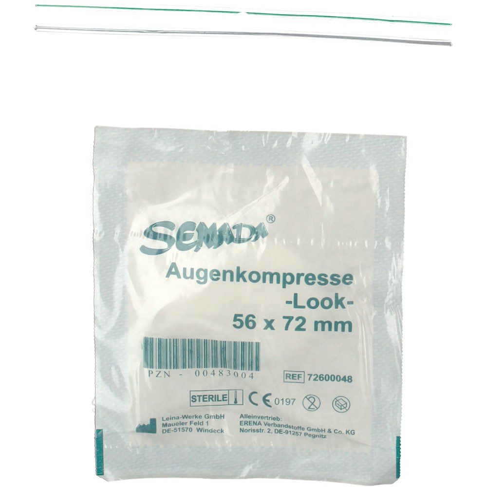 Verpakking van oogkompres. Opschrift: SEMADA, Augenkompresse -Look- 56 x 72 mm. Steriel. Met barcode en CE-markering.