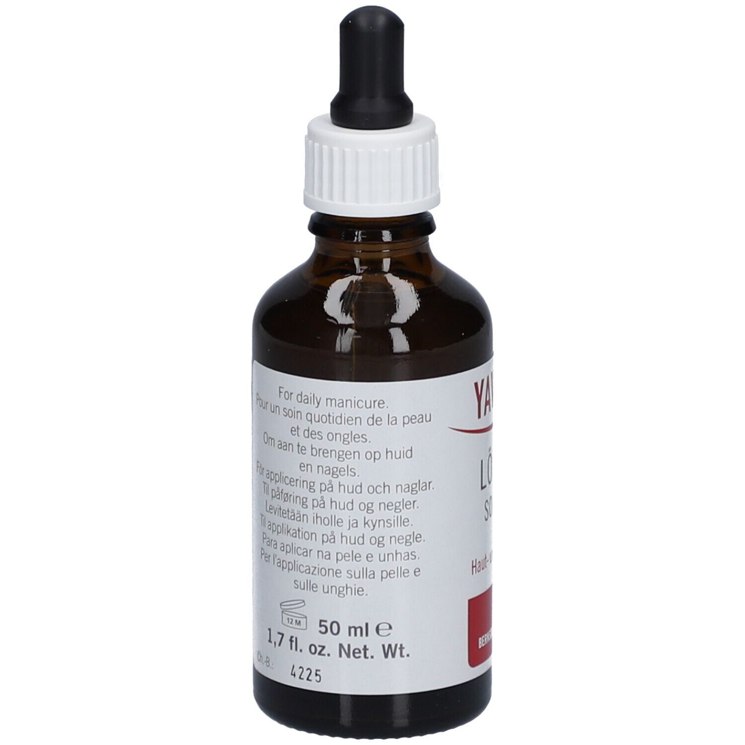 Flacon en verre brun avec compte-gouttes. Dos avec texte. Inscription YAVATOP Lösung, Hygiène pour la peau et les ongles. Étiquette rouge.