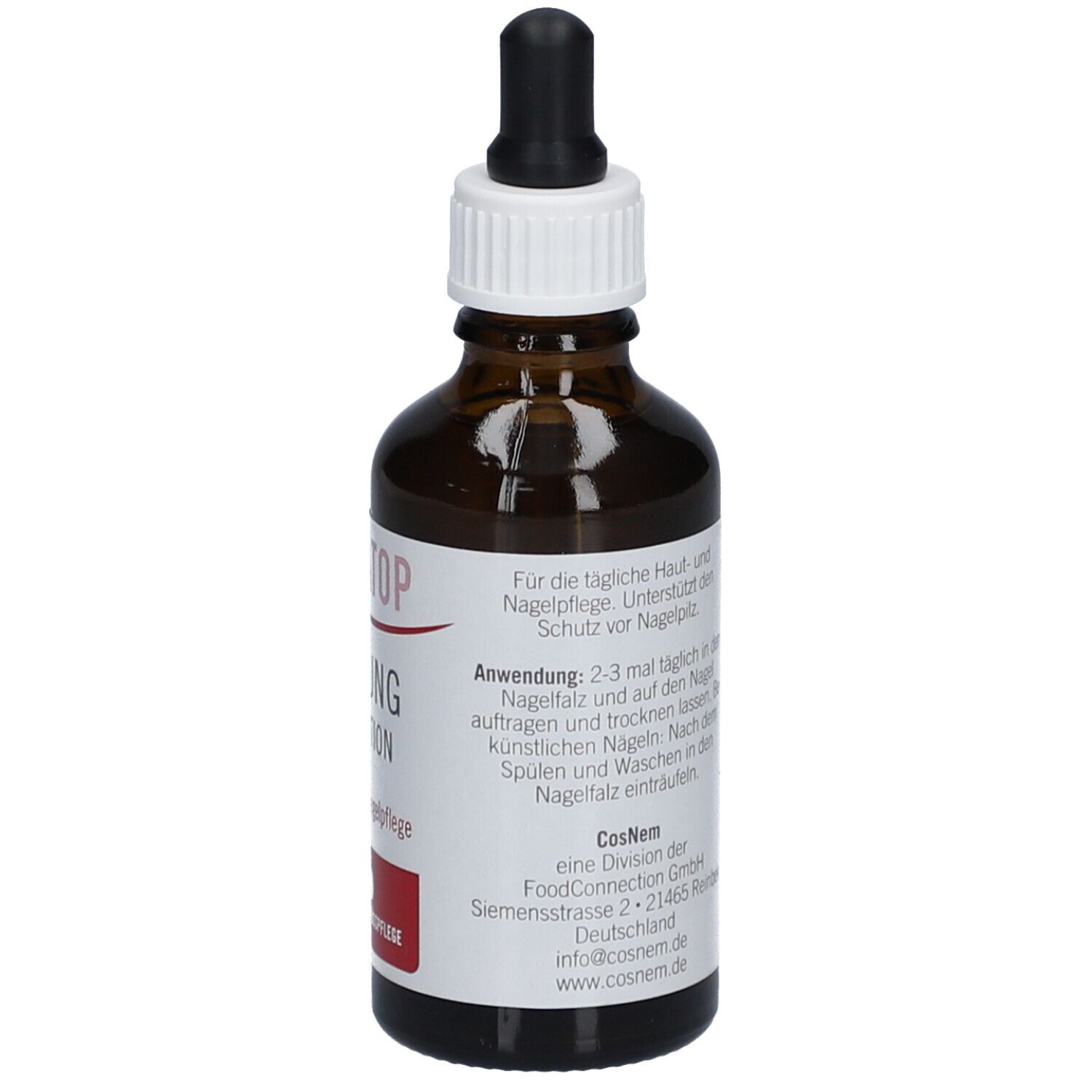 Flacon en verre brun avec compte-gouttes. Côté avec texte. Inscription YAVATOP Lösung, Hygiène pour la peau et les ongles. Étiquette rouge.
