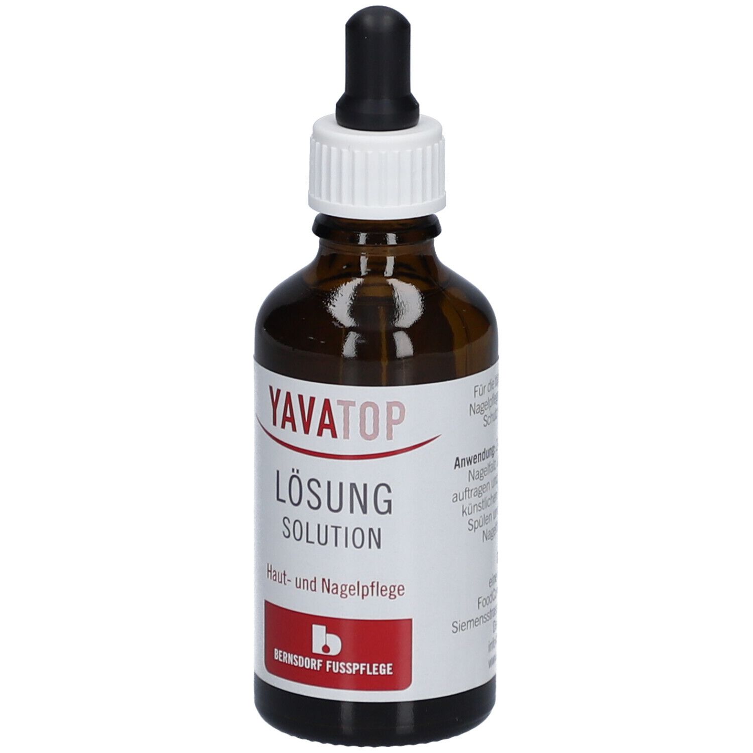 Flacon en verre brun avec compte-gouttes. Inscription YAVATOP Lösung, Hygiène pour la peau et les ongles. Étiquette rouge. 50 ml.