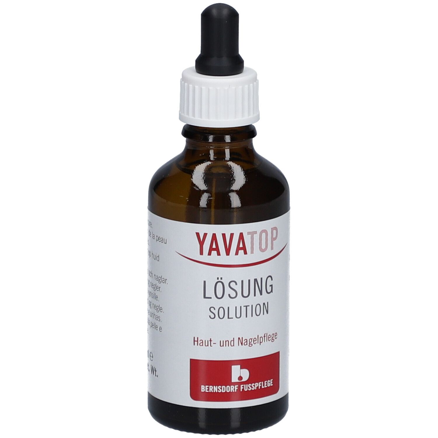 Flacon en verre brun avec compte-gouttes. Inscription YAVATOP Lösung, Hygiène pour la peau et les ongles. Étiquette rouge. 50 ml.