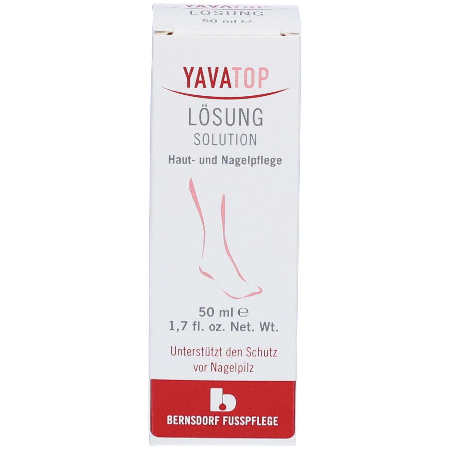 Emballage avec inscription YAVATOP Lösung, antibactérien, antimycosique. 50 ml. Hygiène pour la peau et les ongles. Étiquette rouge.