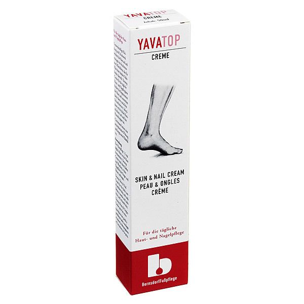 Boîte blanche avec texte YAVATOP Crème. Illustration d'un pied. Texte: Skin & Nail Cream. Base rouge.