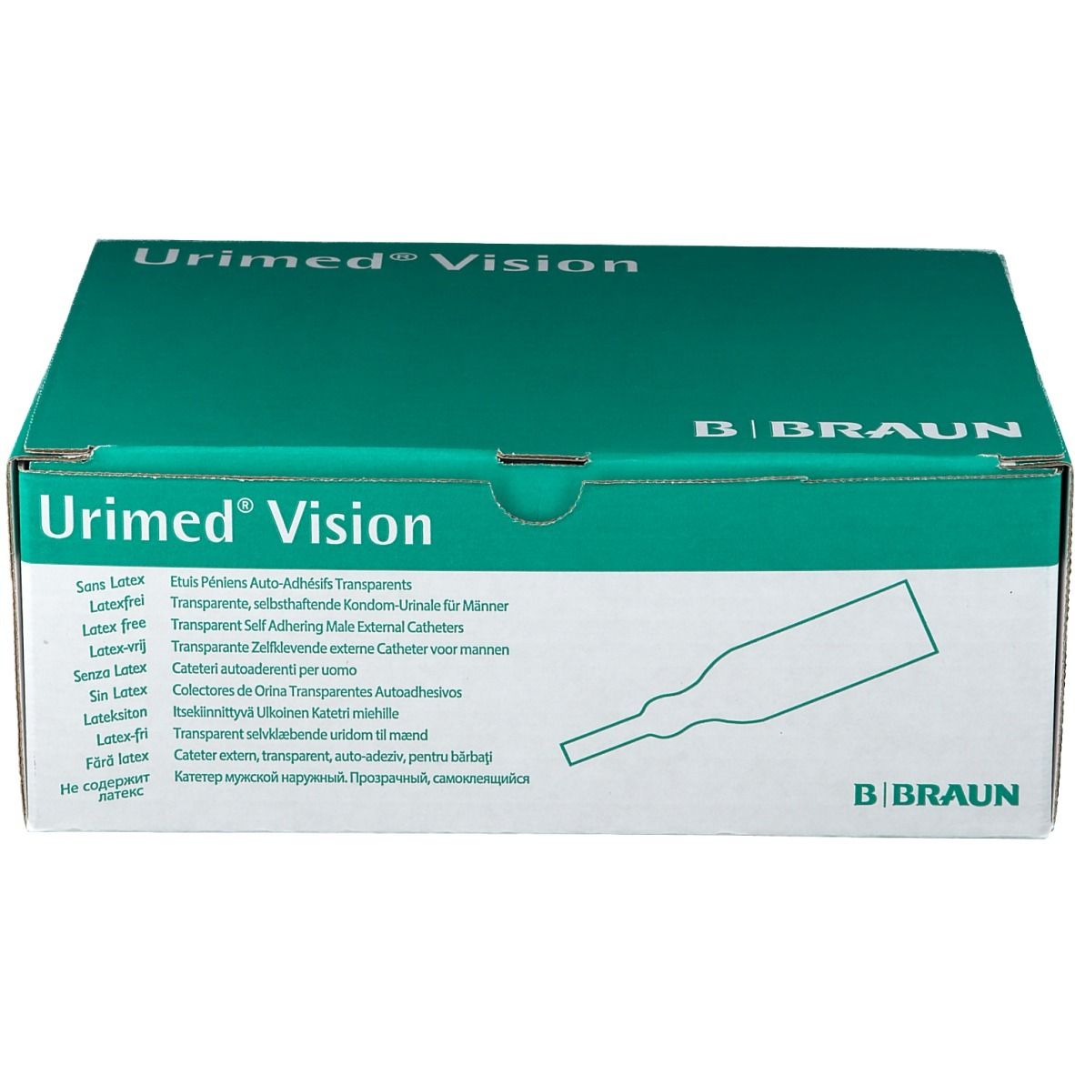 Boîte verte Urimed Vision. Texte: Urinaux-capotes auto-adhésifs transparents pour hommes. Marque B. Braun.