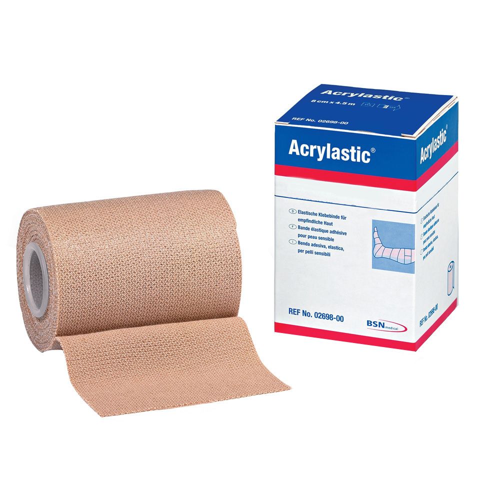 Bande adhésive élastique beige et emballage Acrylastic. L'emballage montre une illustration de l'application.