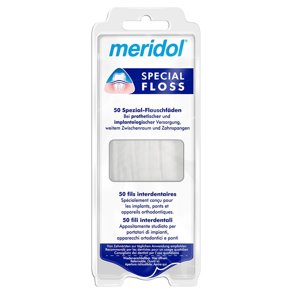 meridol Special Floss. Witte floss in transparante verpakking. 50 speciale flossdraden.