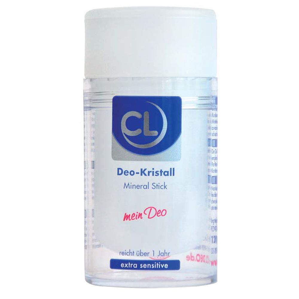 Deo-Kristall Mineral Stick, witte dop, transparante houder, blauwe stickers met logo en tekst.