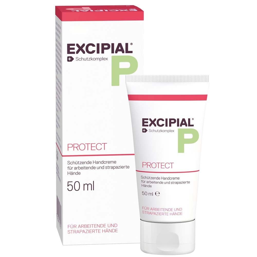 Tube et emballage de crème. Inscription : EXCIPIAL PROTECT. 50 ml. Pour les mains abîmées.