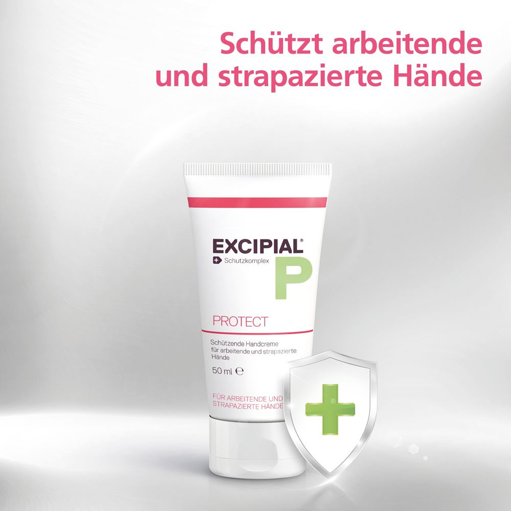Tube de crème avec symbole de bouclier. Inscription : EXCIPIAL PROTECT. Protège les mains abîmées.