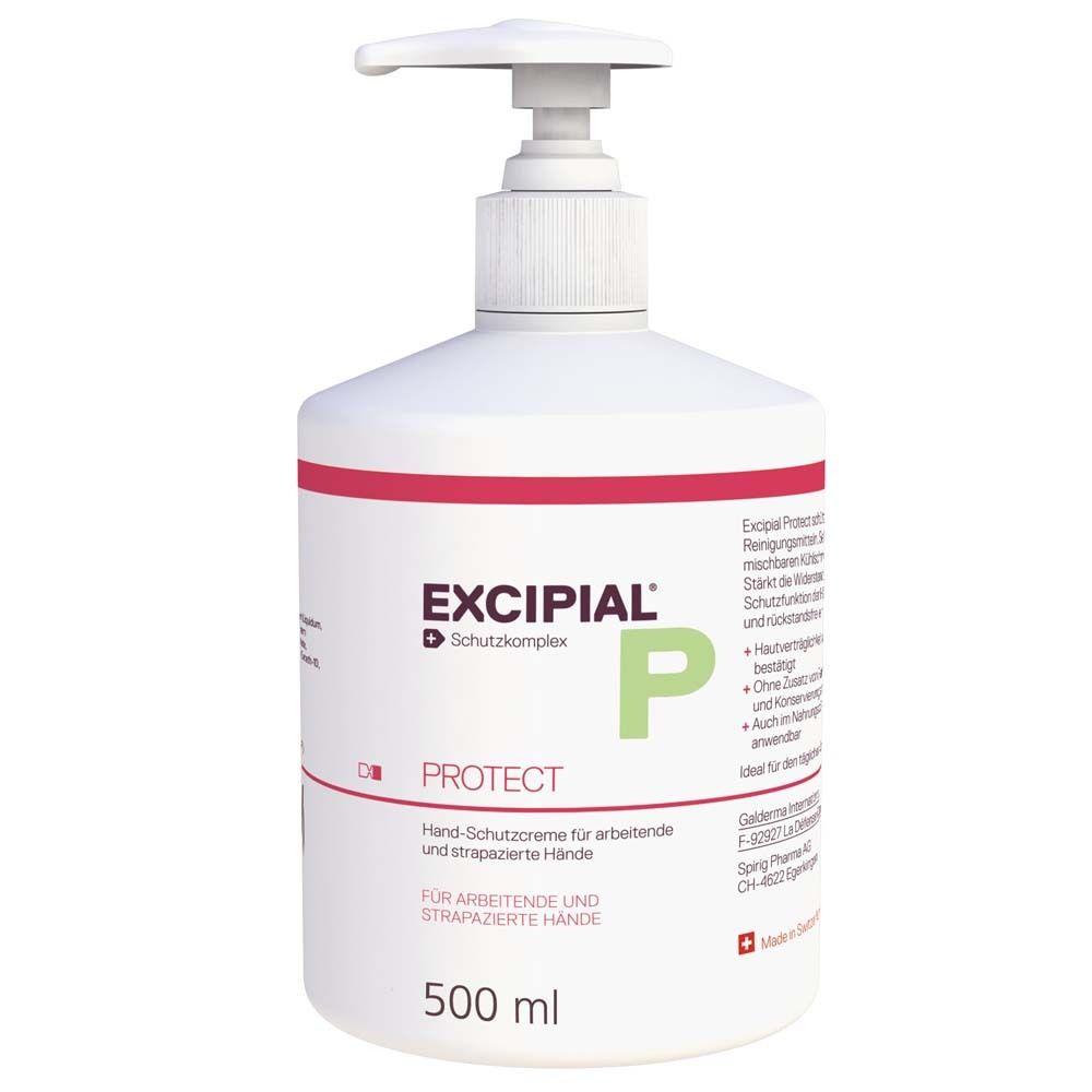 Distributeur blanc avec pompe. Inscription: EXCIPIAL Protect. Crème protectrice pour les mains. 500 ml.
