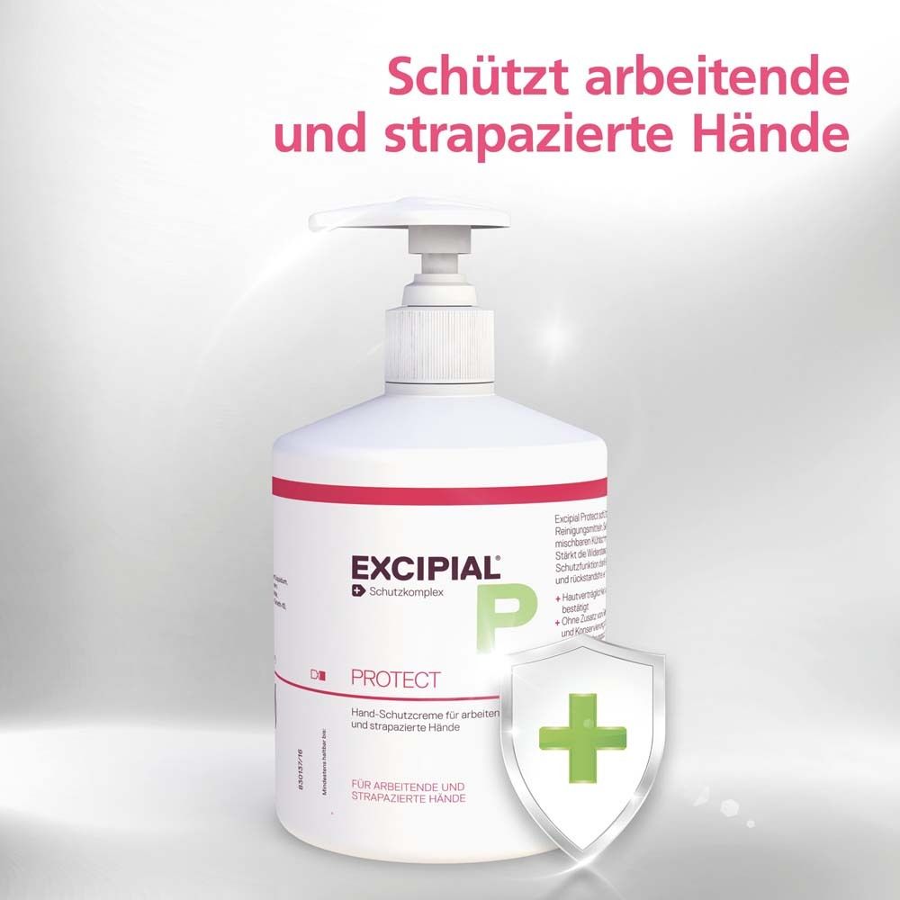 Distributeur blanc avec pompe. Inscription: EXCIPIAL Protect. Texte: Protège les mains abîmées. Bouclier avec croix.