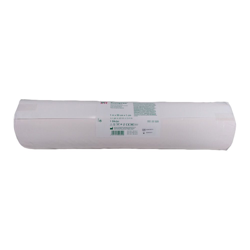Gerolde witte schuimrubberen plaat. Label met productinformatie. Afmetingen: 50 cm x 1 m.