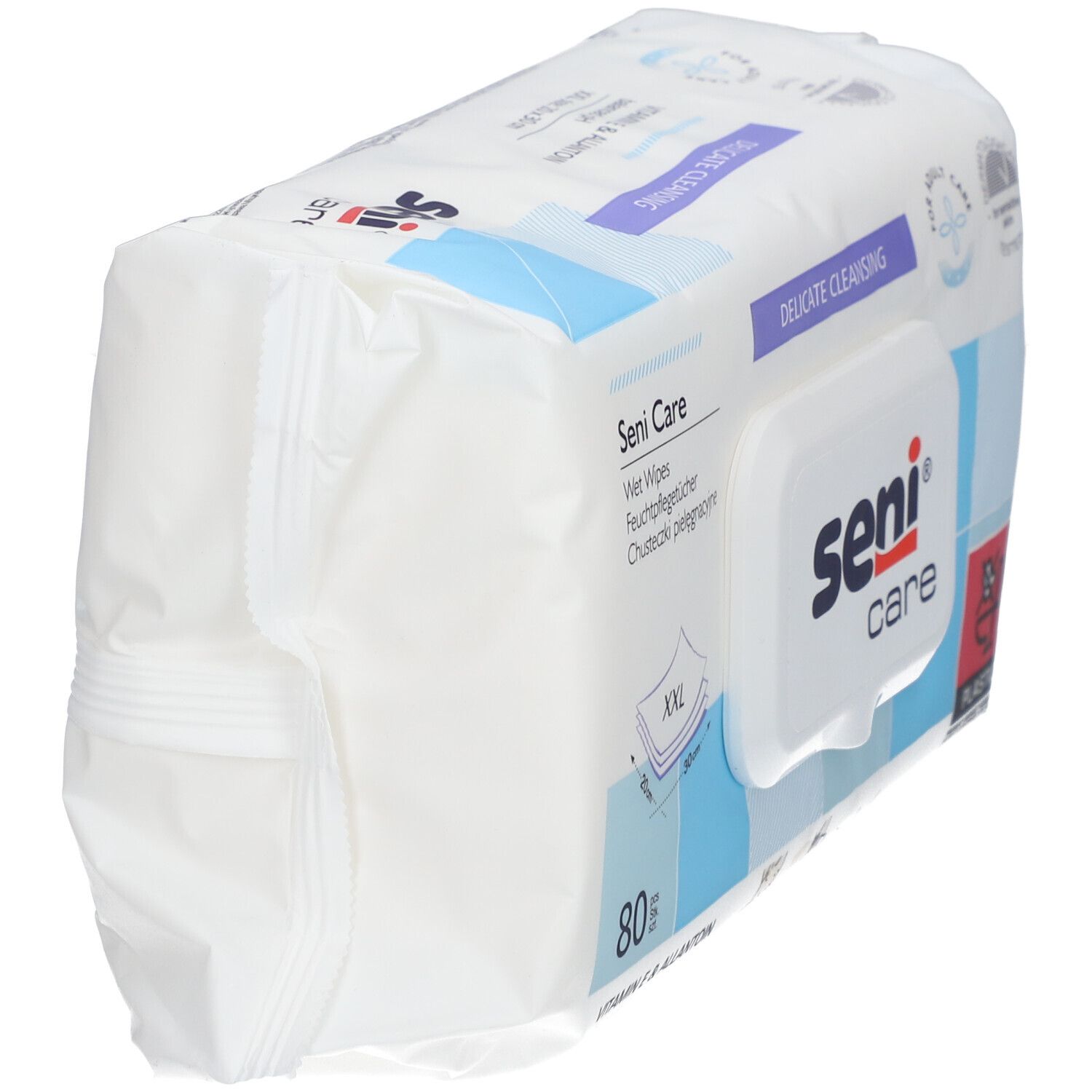 Vue latérale du paquet de lingettes Seni Care. Emballage blanc avec logo Seni Care. Texte: Delicate Cleansing. 80 lingettes.