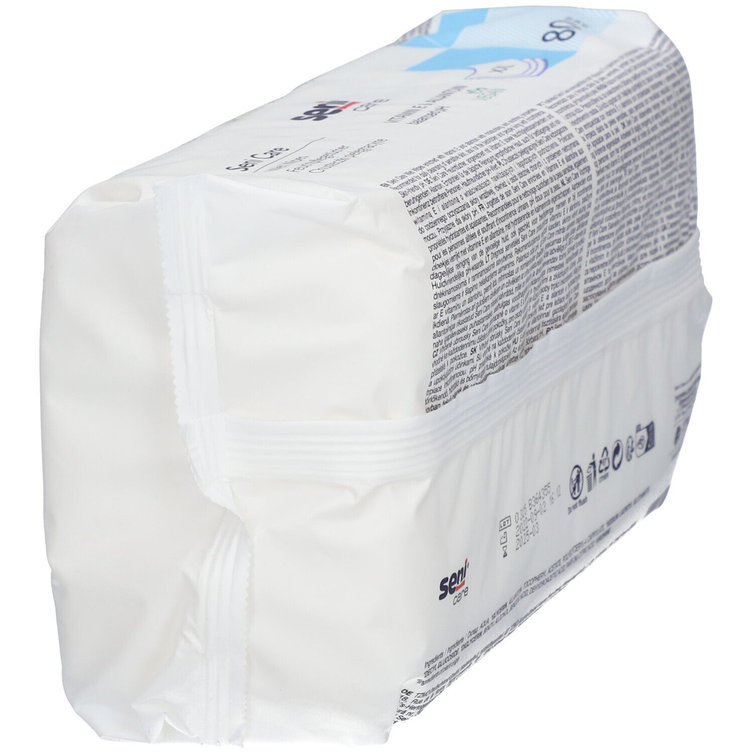Vue latérale du paquet de lingettes Seni Care. Emballage blanc avec texte et logo. Informations sur les ingrédients et le fabricant.