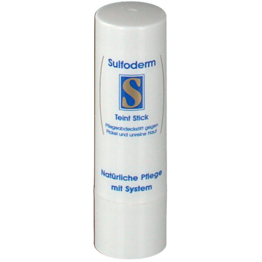 Witte stick met opschrift Sulfoderm, Teint Stick. Tekst: Verzorging die puistjes en een onzuivere huid bedekt.