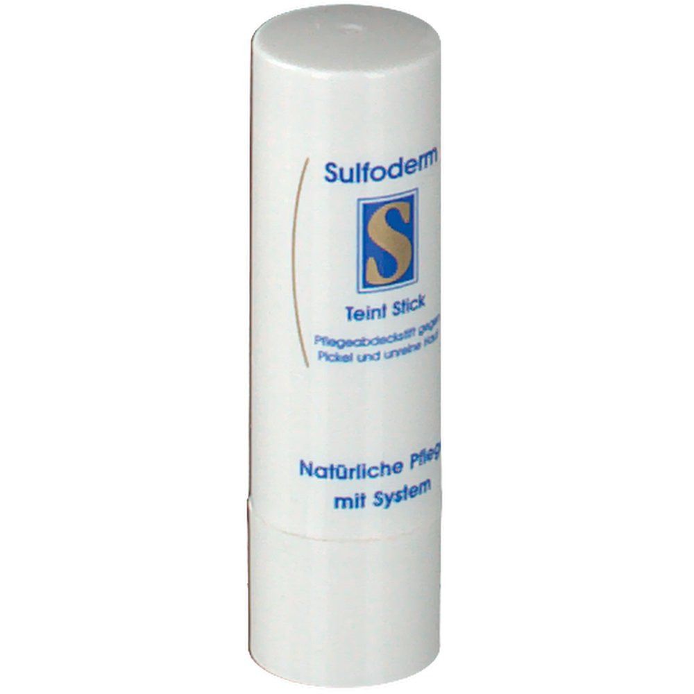 Witte stick met opschrift Sulfoderm, Teint Stick. Tekst: Verzorging die puistjes en een onzuivere huid bedekt.