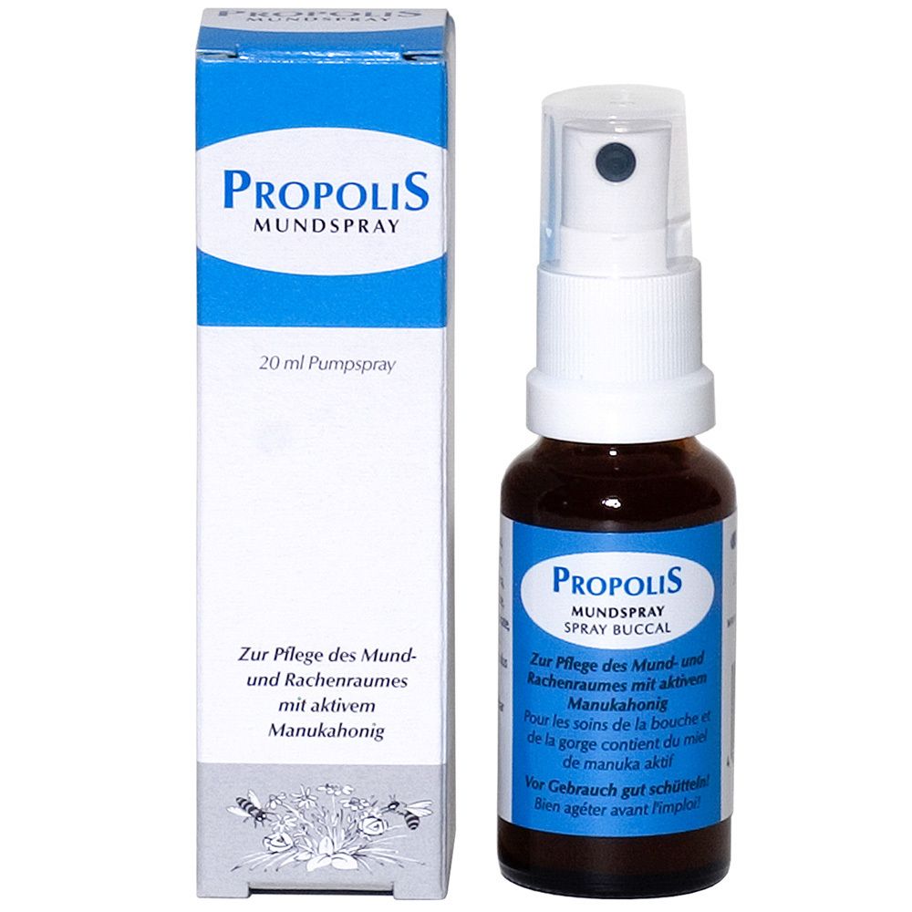 Propolis Mundspray en verpakking. Fles met verstuiver en doos. Opschrift: Propolis Mundspray, 20 ml pumpspray.