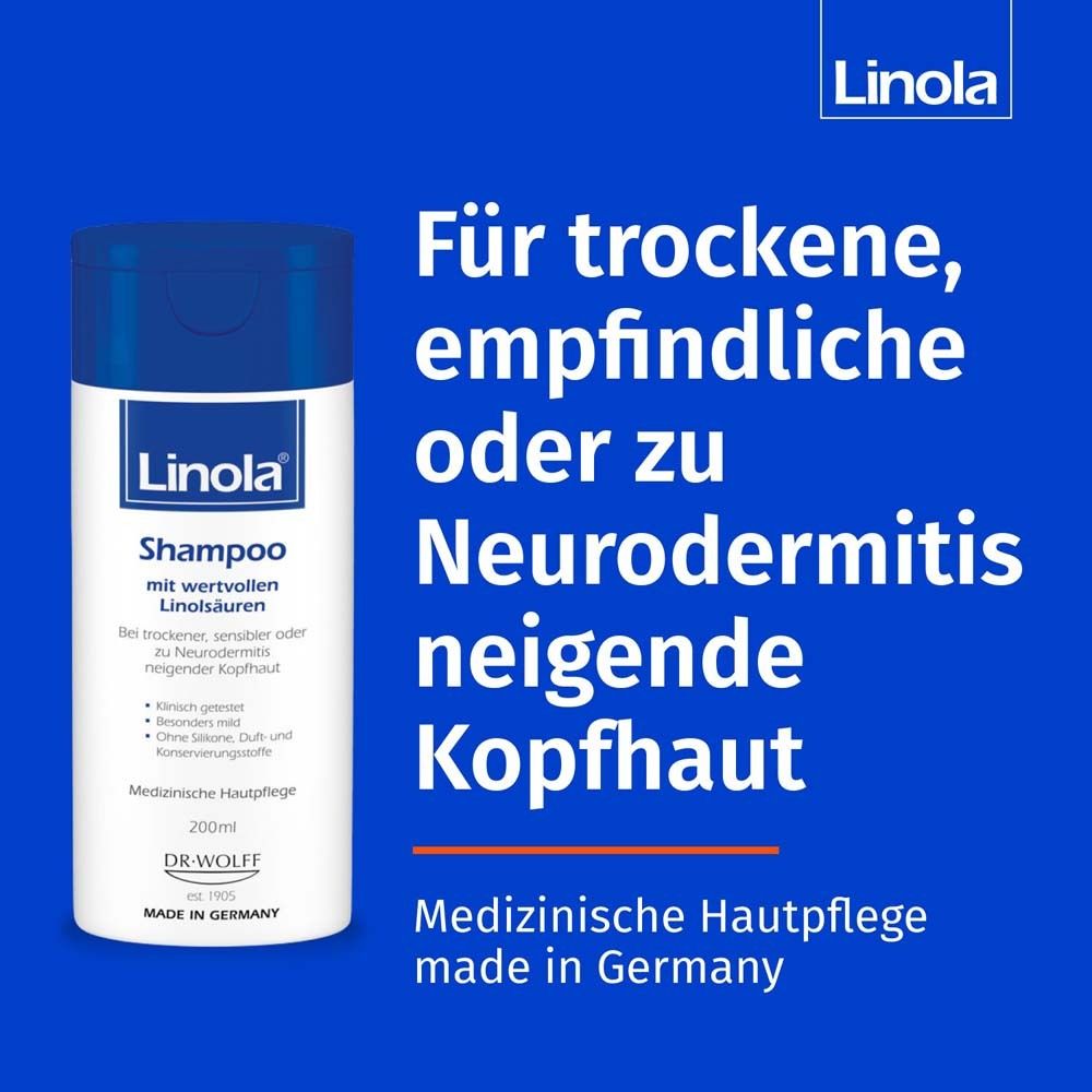 Blauwe achtergrond met tekst: Voor droge, gevoelige of eczeemgevoelige hoofdhuid. Linola Shampoo. Made in Germany.