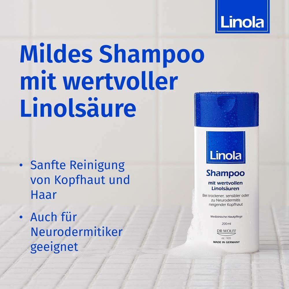 Linola shampoo fles. Tekst: Milde shampoo met waardevolle linolzuur. Zachte reiniging. Ook geschikt voor mensen met eczeem.