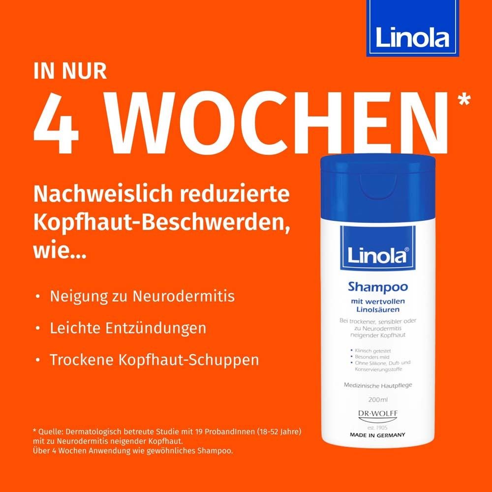 Oranje achtergrond. Tekst: In slechts 4 weken vermindering van hoofdhuidklachten. Linola Shampoo. Neiging tot eczeem.