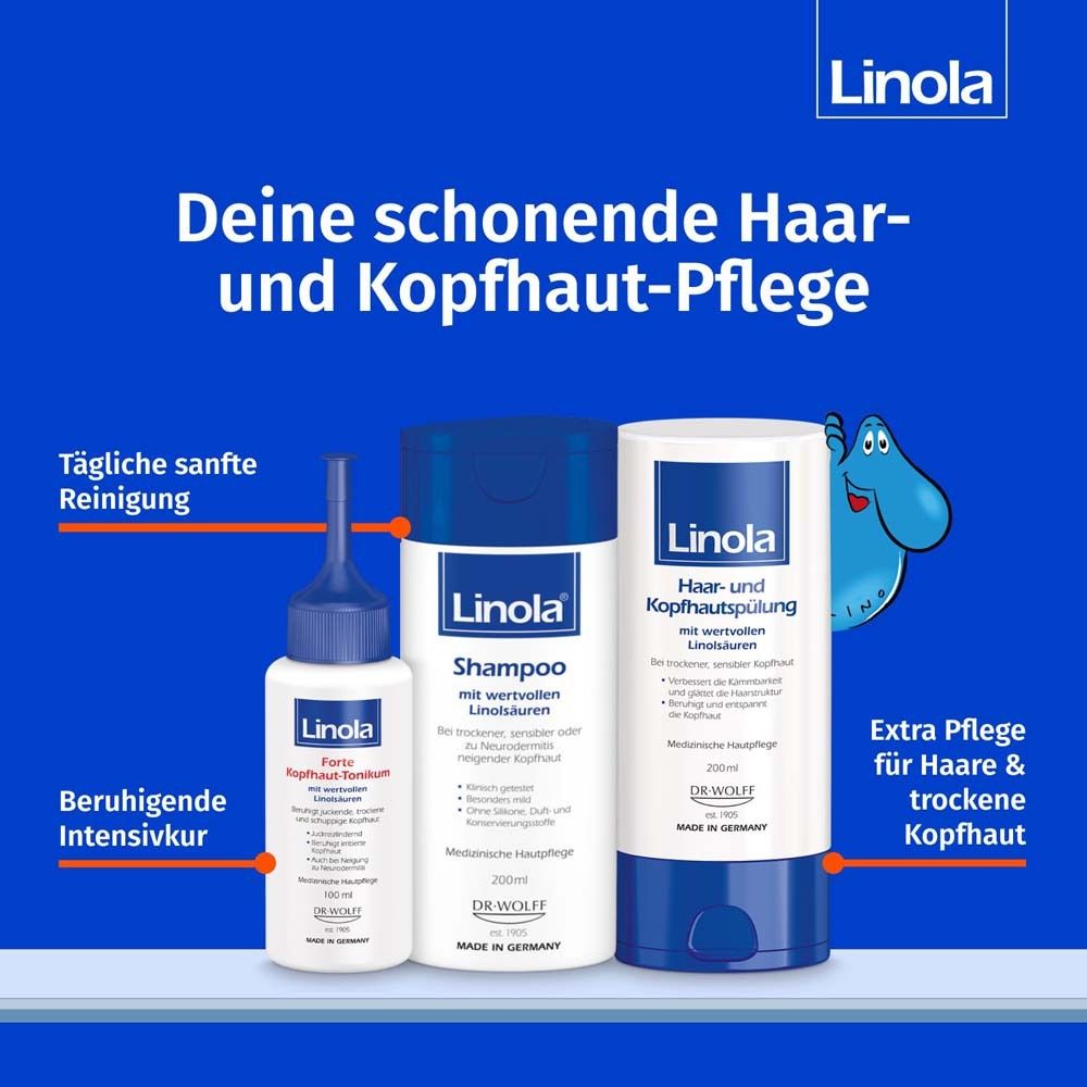 Drie Linola producten: shampoo, conditioner, intensieve kuur. Tekst: Jouw mooie haar- en hoofdhuidverzorging.