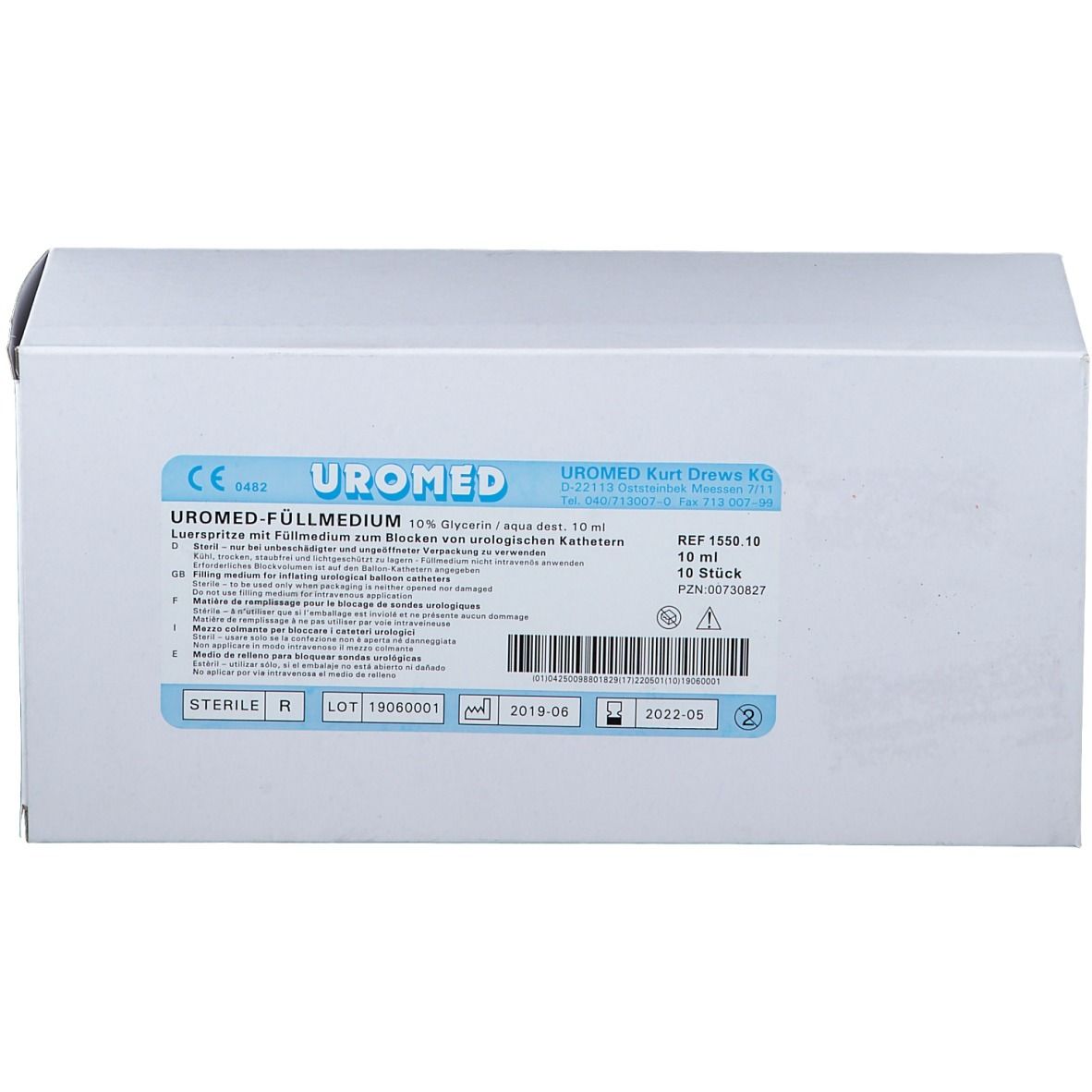 Boîte blanche avec inscriptions. Nom du produit: UROMED-FÜLLMEDIUM. Contient des informations sur le contenu, le numéro de lot, la date d'expiration et le fabricant.