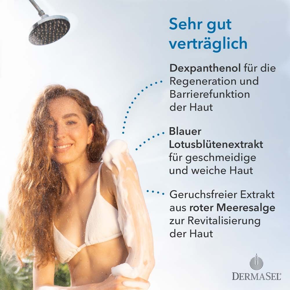 Vrouw onder de douche. Tekst: Zeer goed verdraagbaar. Ingrediënten: Dexpanthenol, blauwe lotusbloemextract, zeezouten.