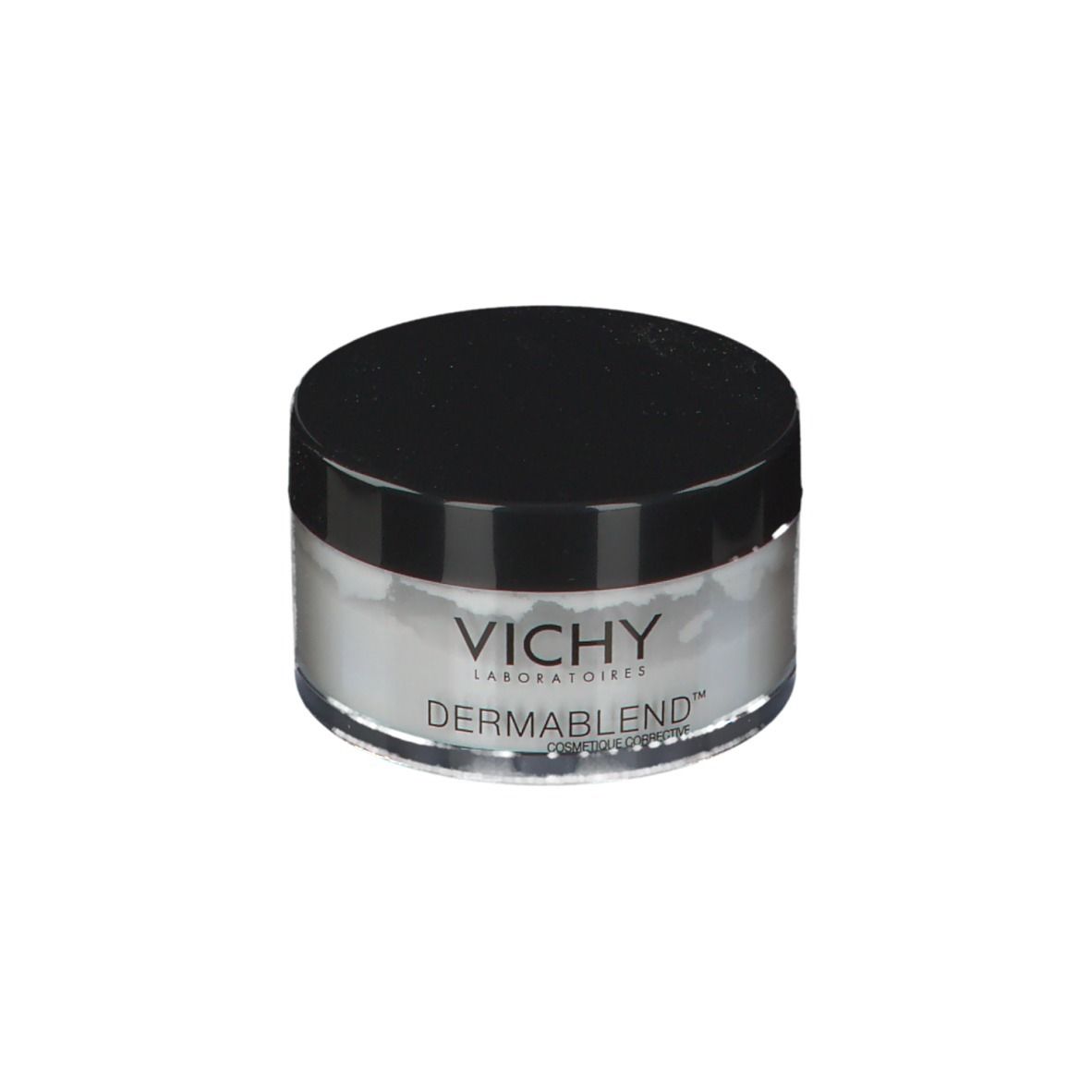 Vichy Dermablend fixing poeder pot. Zwart deksel, transparante pot, witte poeder. Vichy en Dermablend logo.