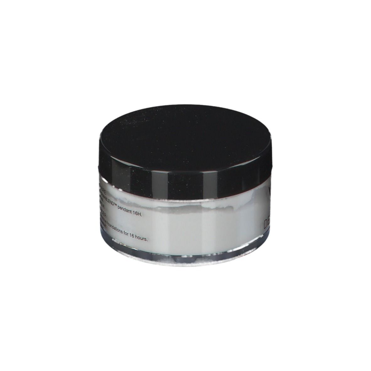 Vichy Dermablend fixing poeder pot. Zwart deksel, transparante pot, witte poeder. Tekst op de pot.
