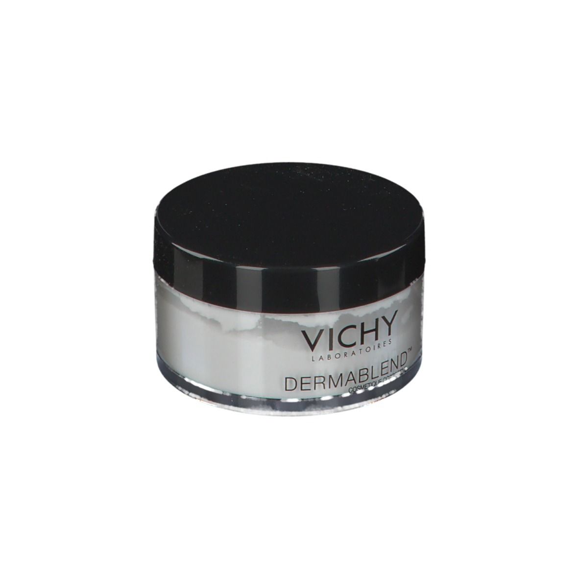 Vichy Dermablend fixing poeder pot. Zwart deksel, transparante pot, witte poeder. Vichy en Dermablend logo.