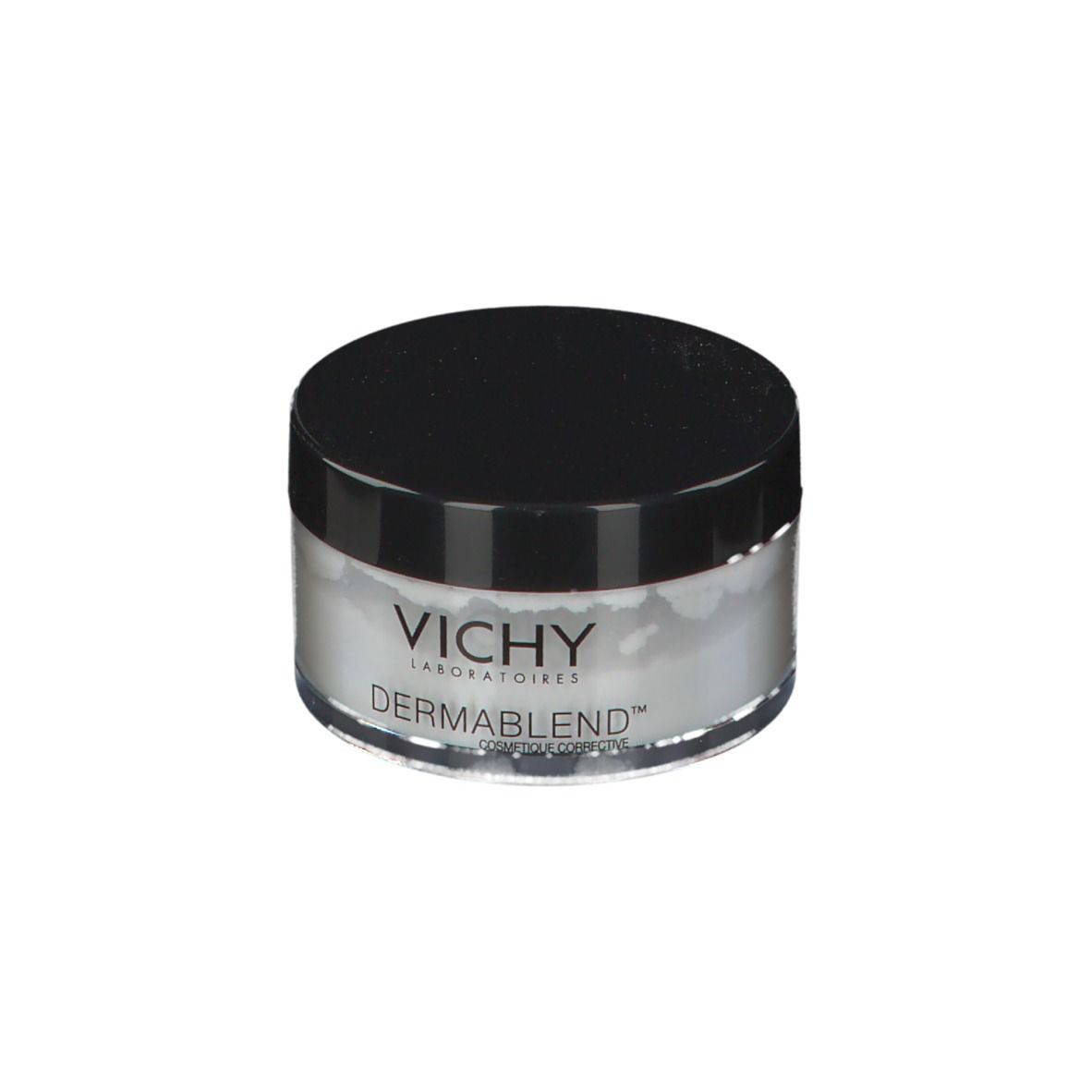 Vichy Dermablend fixing poeder pot. Zwart deksel, transparante pot, witte poeder. Vichy en Dermablend logo.