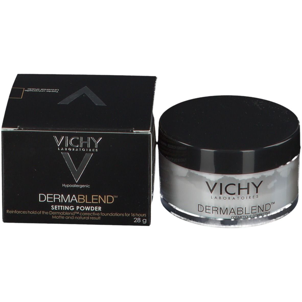 Vichy Dermablend fixing poeder pot en doos. Zwarte doos, pot met zwart deksel. Witte poeder.